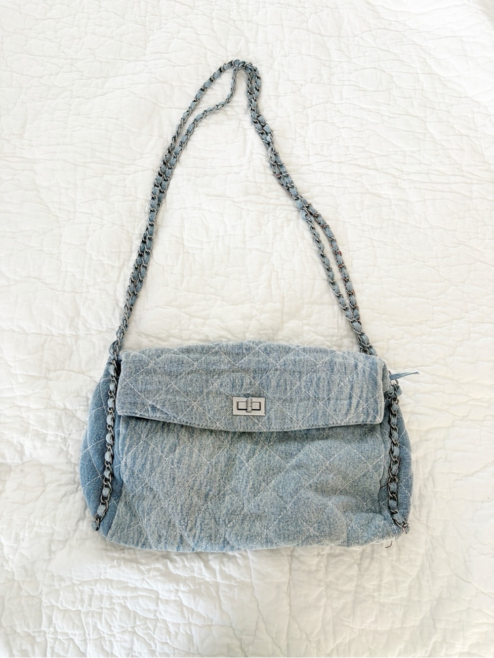 Y2K 90s Quilted denim Light Blue Chain Shoulder Bag